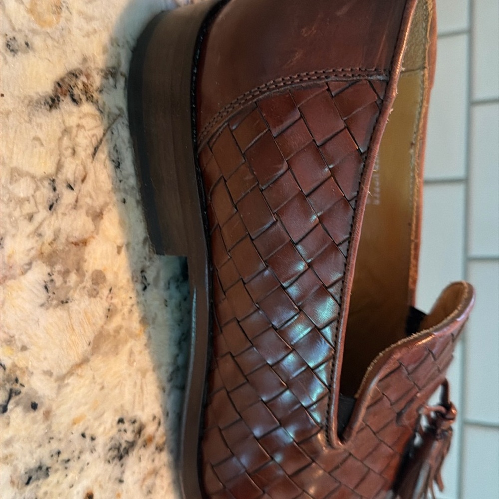 Men Brown Woven Leather Loafers with Tassels size 8 1/2 - Picture 2 of 16